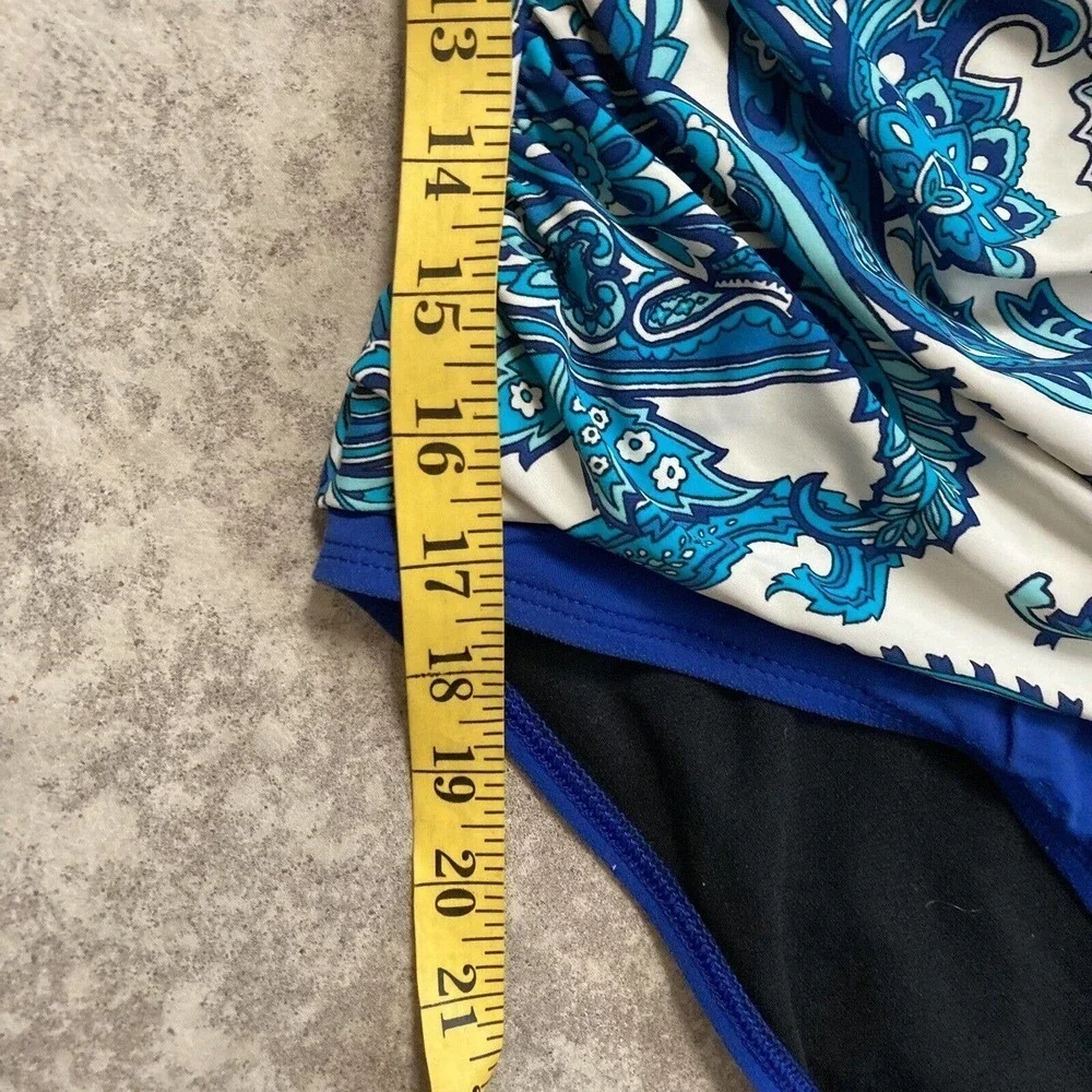 Chaps Sz 12 Retro Paisley Halter Swimsuit Blue‎ White Sweetheart Shirred